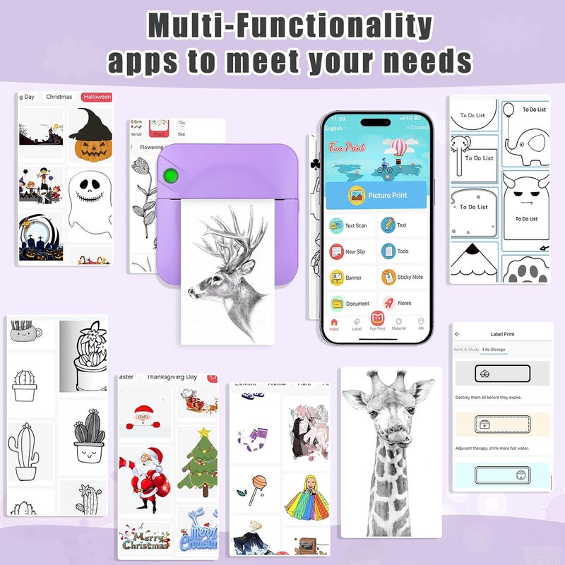 Zeacool Mini Sticker Printer,Mini Pocket Thermal Printer with 11 Rolls Paper,Bluetooth Inkless Printer Compatible with Android & iOS,Portable Receipt Printer for Photo,Journal,Memo,Travel,Purple - Image 5
